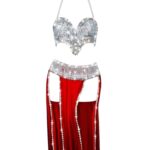 Dazzling Rhinestone Halter Top & Red High-Slit Skirt Set