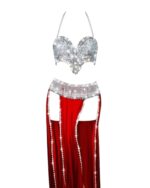 Dazzling Rhinestone Halter Top & Red High-Slit Skirt Set
