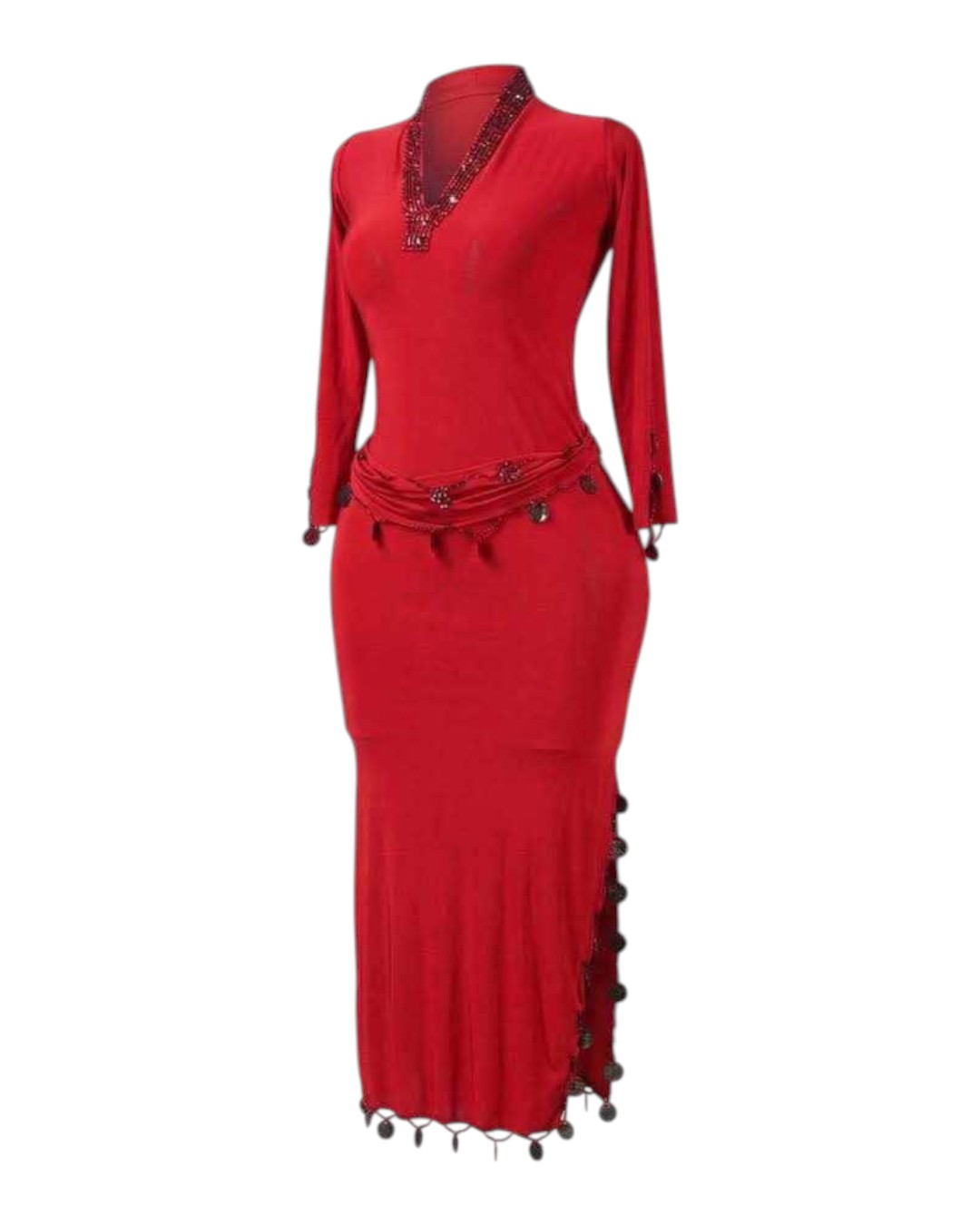WhatsApp Image 2026-09-01 at 1.22.21 AM Red Belly Dance Galabeya - Long Sleeve Oriental Dress with Beading - Image 1