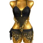 Black & Gold 2-Piece Belly Dance Outfit - Halter Top and Coin Hip Scarf Set
