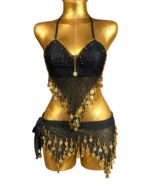 Black & Gold 2-Piece Belly Dance Outfit - Halter Top and Coin Hip Scarf Set