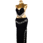 Black Two-Piece Belly Dance Costume with Silver Coins & High Slit Skirt