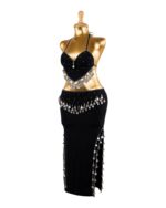Black Two-Piece Belly Dance Costume with Silver Coins & High Slit Skirt