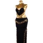 Black Two-Piece Belly Dance Costume with Gold Coins & Side Slit Skirt