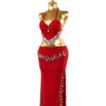 2-Piece Red Coin & Sequin Belly Dance Set - Halter Bra & Side-Slit Skirt