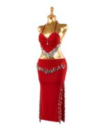 2-Piece Red Coin & Sequin Belly Dance Set - Halter Bra & Side-Slit Skirt