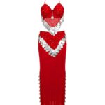 Red Beaded Two-Piece Belly Dance Costume with Silver Coins