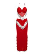 Red Beaded Two-Piece Belly Dance Costume with Silver Coins