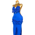 Royal Blue Beaded Fringe Belly Dance Costume - Halter Dress Set
