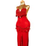 Fiery Red Beaded Fringe Belly Dance Costume - Halter Style Outfit