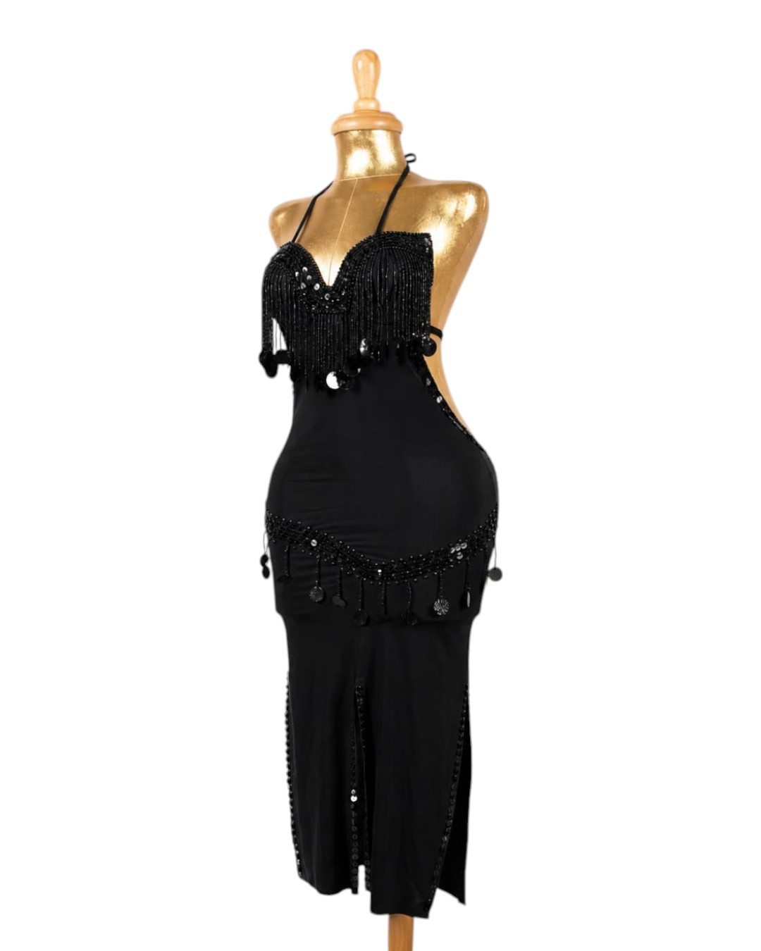 WhatsApp Image 2026-09-01 at 1.37.56 AM (2) Elegant Black Beaded Fringe Belly Dance Costume - Halter Style Outfit - Image 1