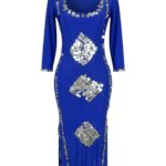Royal Blue Baladi / Saidi Dress with Silver Sequin Diamond Motif & Coin Trim