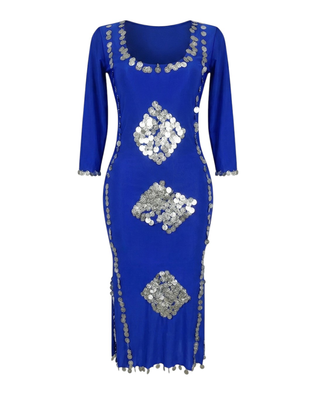 WhatsApp Image 2026-09-01 at 1.37.57 AM (1) Royal Blue Baladi / Saidi Dress with Silver Sequin Diamond Motif & Coin Trim - Image 1