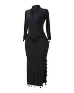 Classic Black Baladi / Saidi Dress with Beaded V-Neck & Draped Hip Accent