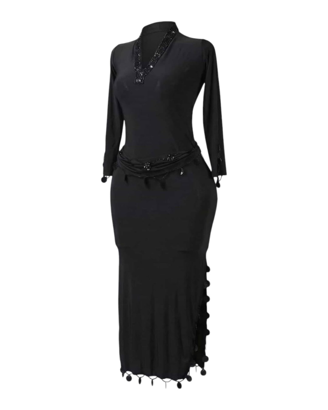 WhatsApp Image 2026-09-01 at 1.37.57 AM Classic Black Baladi / Saidi Dress with Beaded V-Neck & Draped Hip Accent - Image 1