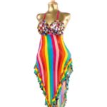 Vibrant Rainbow Striped Belly Dance Costume - Sequin Embellished Asymmetrical Dress