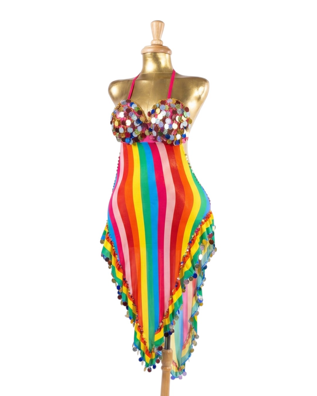 WhatsApp Image 2026-09-01 at 1.37.59 AM (1) Vibrant Rainbow Striped Belly Dance Costume - Sequin Embellished Asymmetrical Dress - Image 1