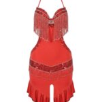 Red Fringe & Sequin Mini Belly Dance Dress - Halter Neck Ruffled Performance Outfit
