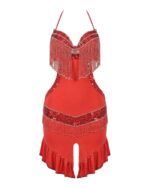 Red Fringe & Sequin Mini Belly Dance Dress - Halter Neck Ruffled Performance Outfit