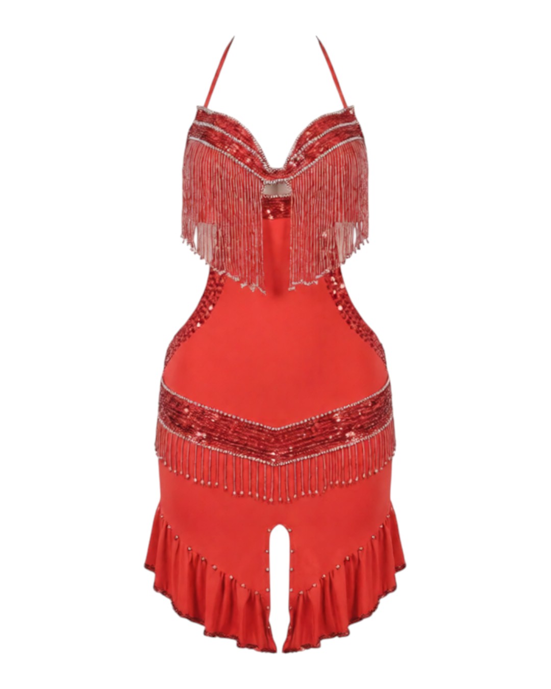 WhatsApp Image 2026-09-01 at 1.37.59 AM-ezremove Red Fringe & Sequin Mini Belly Dance Dress - Halter Neck Ruffled Performance Outfit - Image 1