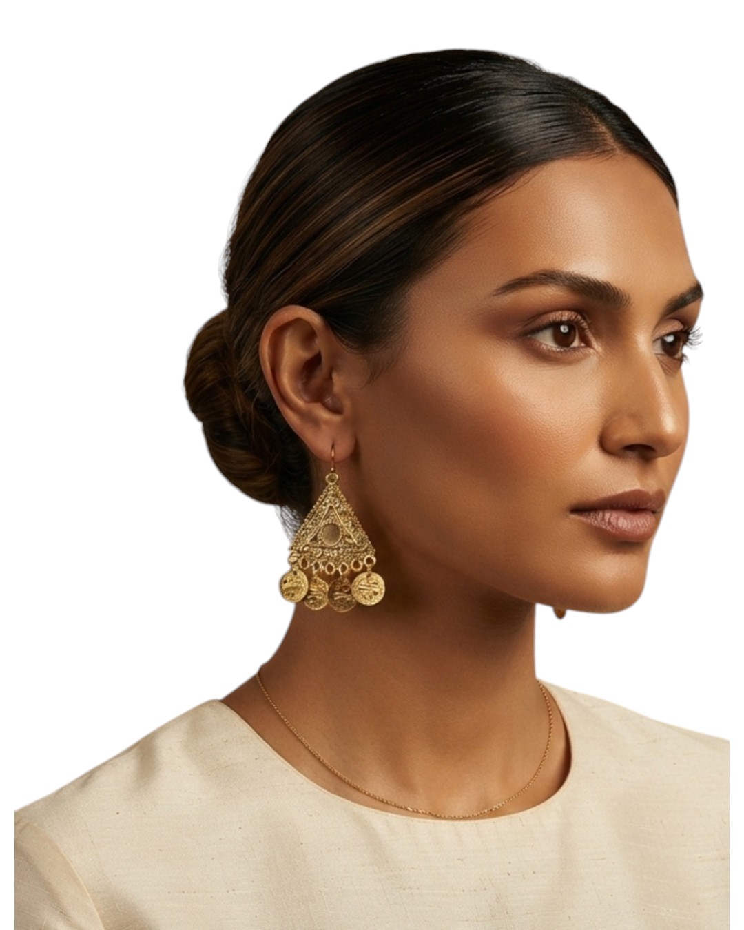 WhatsApp Image 2026-09-05 at 4.22.19 PM Gold Triangle Statement Earrings with Coin Details - Image 1